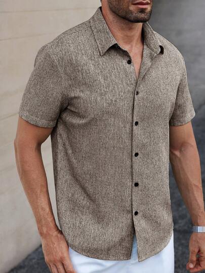 Manfinity CasualCool قميص كاجوال رجالي مصنوع من الكتان بتصميم مخطط، أكمام قصيرة، مناسب للارتداء اليومي في الصيف