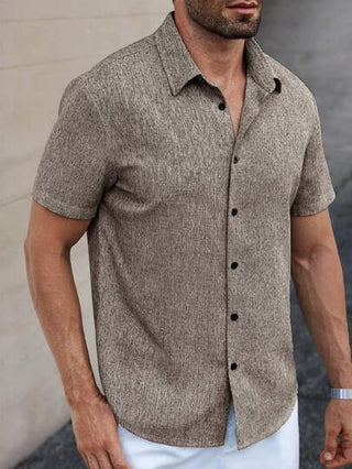 Manfinity CasualCool قميص كاجوال رجالي مصنوع من الكتان بتصميم مخطط، أكمام قصيرة، مناسب للارتداء اليومي في الصيف