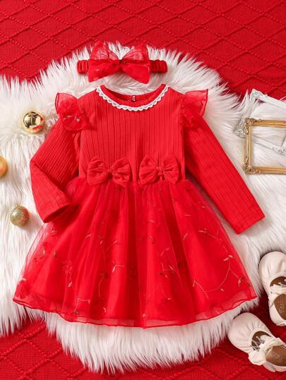 فساتين بيبي Glamorique Kids فستان أنيق ملبوس للرضع البنات مزين بفيونكة، محبوك بخيوط منسوجة ومشبّك شبكي باللون الأحمر للأعياد