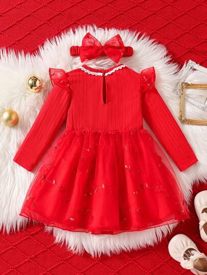 فساتين بيبي Glamorique Kids فستان أنيق ملبوس للرضع البنات مزين بفيونكة، محبوك بخيوط منسوجة ومشبّك شبكي باللون الأحمر للأعياد