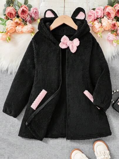 SHEIN جاكيت شتوي دافئ وردي فضفاض مع فيونكة على طوق الأذن للفتيات المراهقات