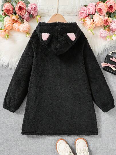 SHEIN جاكيت شتوي دافئ وردي فضفاض مع فيونكة على طوق الأذن للفتيات المراهقات