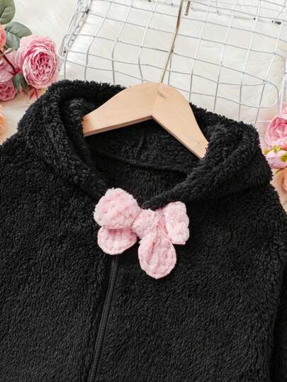SHEIN جاكيت شتوي دافئ وردي فضفاض مع فيونكة على طوق الأذن للفتيات المراهقات