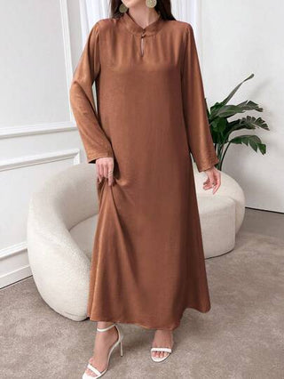 Mulvari فستان ماكسي نسائي طويل الأكمام بلون سادة، بياقة عالية أنيقة، قطعة ملابس نسائية كاجوال وأنيقة