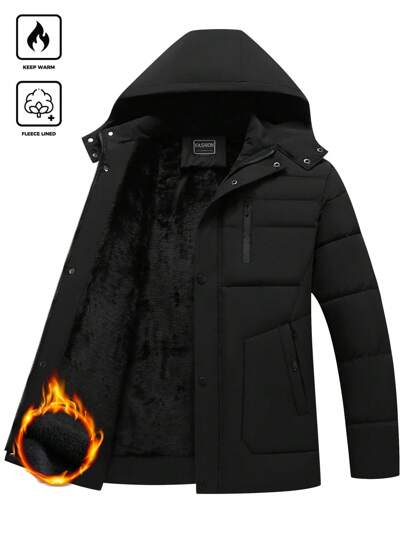 Manfinity Homme معطف أسود كاجوال للرجال مبطن مع كابوت للشتاء، معطف بفقاعات للخروج، هدية للأصدقاء، الزوج، الحبيب