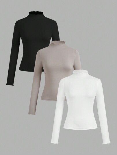 EZwear طقم سيدات 3 قطع بياقة عالية وذيل كشكش ضيق للاستخدام اليومي، بأكمام طويلة طبقة أساسية،مناسب لفصلي الخريف والشتاء