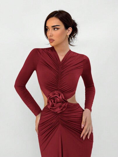 Aloruh فستان نسائي مطوي مزين بالأزهار، تصميم فتحات خلفية، مناسب للجسم، أنيق