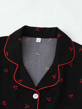 طقم بيجامات مطبوع بالكرز للنساء، ملابس علوية طويل الأكمام بياقة وأزرار، وبنطلون طويل، ملابس نوم وملابس منزلية، خريف/شتاء