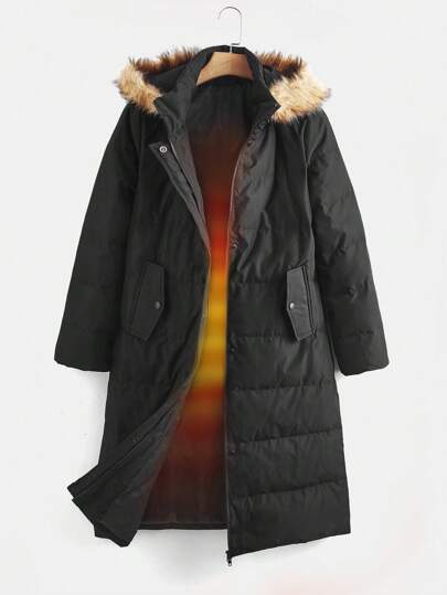 SHEIN EZwear معطف نسائي ذو قلنسوة وجيب من الزغب ملوّن بشكل رقعي، كم طويل، مصنوع من ريش وريشة، مناسب للشتاء
