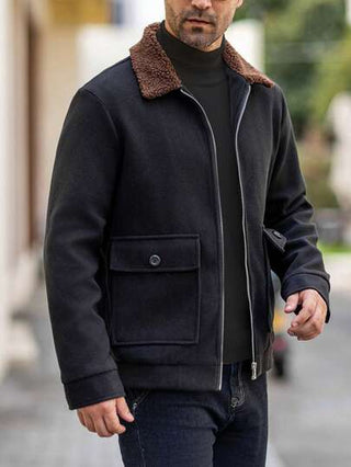 Manfinity Homme معطف صوفي كاجوال بجيوب متعددة وأكمام طويلة وياقة لونان للرجال في الشتاء