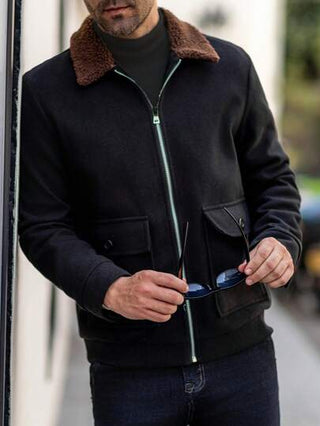 Manfinity Homme معطف صوفي كاجوال بجيوب متعددة وأكمام طويلة وياقة لونان للرجال في الشتاء
