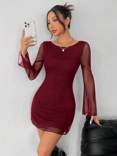 PETITE فستان نسائي جديد بأكمام كأس وظهر مكشوف من الشبك، مناسب لبداية الخريف