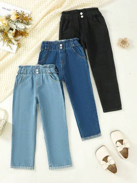 SHEIN 3 قطع مجموعة بناطيل جينز مستقيمة بلون أزرق داكن وأسود مختلط غسل، بأسلوب كاجوال أكاديمي للفتيات الشابات