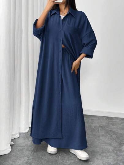 طقم حريمي قطعتين Mulvari مجموعة جاكيت طويل وتنورة على شكل حرف A من قطعتين، ذو لون سادة وأزرار أمامية بأكمام طويلة، طقم كاجوال من قطعتين للنساء
