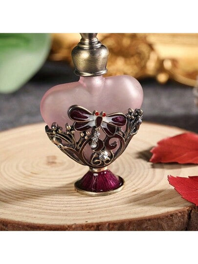 قطعة واحدة 4مل زجاجة عطر زجاجية قديمة مزخرفة، بطبعات نقش تنين وزهور، زخرفة معدنية وكريستال، غطاء قابل للطي، بدون رائحة - إكسسوار ديكور المنزل