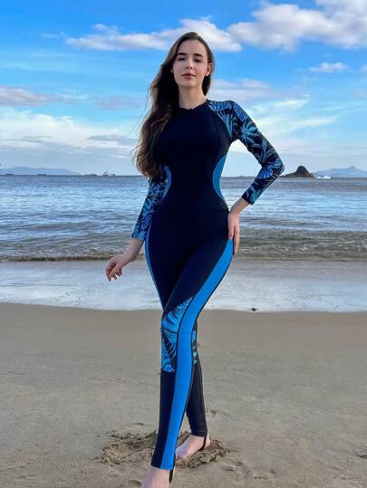Swim Shayni قطعة واحدة بيجاما أنثوية واقية من الشمس لفصل الصيف، بطباعة نبات استوائي، أكمام طويلة، بسوستة نصف حجاب