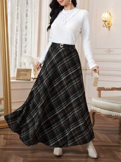 Modelyn تنورة طويلة كاجوال أنيقة على شكل حرف A بنمط مربعات، جينز ماكسي للنساء
