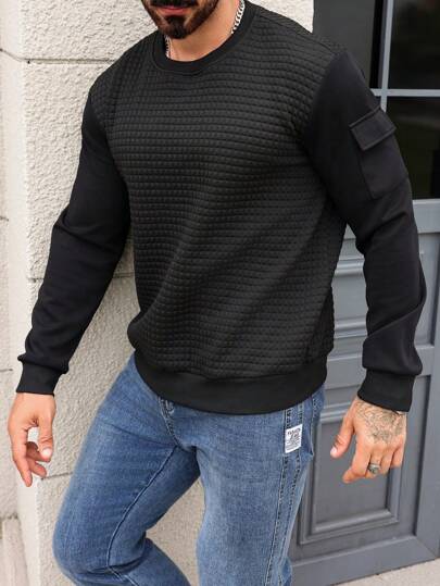 Manfinity Homme بلوزة كاجوال فضفاضة بأكمام طويلة وياقة مستديرة باللون الأحادي للرجال ، ربيع وخريف