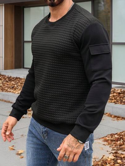 Manfinity Homme بلوزة كاجوال فضفاضة بأكمام طويلة وياقة مستديرة باللون الأحادي للرجال ، ربيع وخريف