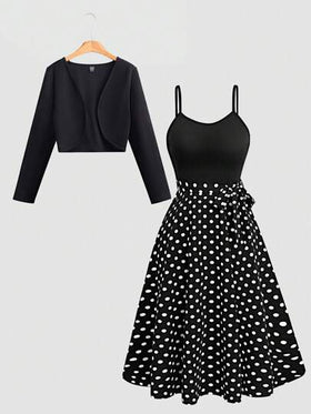 SHEIN Clasi فستان مكون من توب وتنورة طويلة بطراز منقط انيق بطراز قديم، للحفلات/عروض الرقص، بأكمام قصيرة وتنورة طويلة ، عدد القطع 2