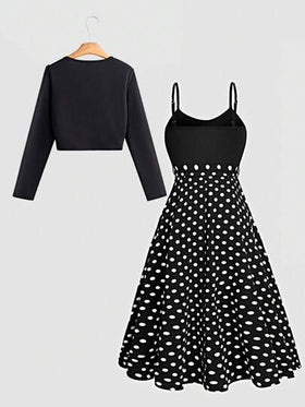 SHEIN Clasi فستان مكون من توب وتنورة طويلة بطراز منقط انيق بطراز قديم، للحفلات/عروض الرقص، بأكمام قصيرة وتنورة طويلة ، عدد القطع 2