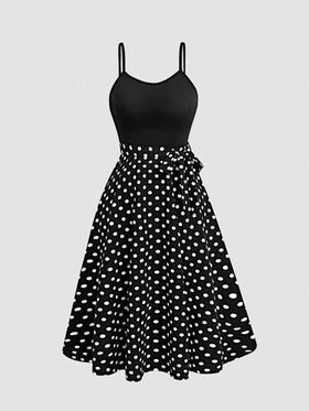 SHEIN Clasi فستان مكون من توب وتنورة طويلة بطراز منقط انيق بطراز قديم، للحفلات/عروض الرقص، بأكمام قصيرة وتنورة طويلة ، عدد القطع 2