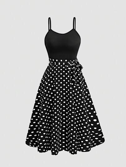 SHEIN Clasi فستان مكون من توب وتنورة طويلة بطراز منقط انيق بطراز قديم، للحفلات/عروض الرقص، بأكمام قصيرة وتنورة طويلة ، عدد القطع 2