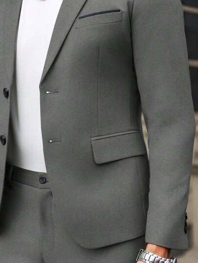 Manfinity Bizformal بدلة رجالية قطعتين تتكون من ملابس علوية بأكمام طويلة من لون واحد ذو ياقة مسطحة وأزرار أمامية، وبنطلون طويل، تصميم بسيط