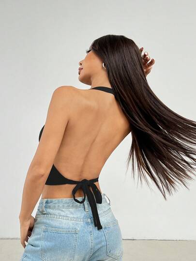 PETITE ملابس علوية صيفية للنساء بدون أكمام، ظهر مكشوف، وربطة عنق