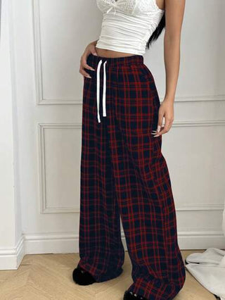 EZwear سروال نساء مريح عرض طويل بفتحة خيطان المطاطية ذو نمط مربعات عادي, للربيع والخريف