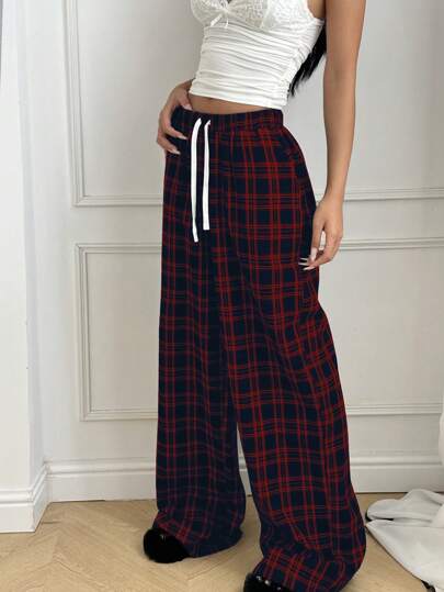 EZwear سروال نساء مريح عرض طويل بفتحة خيطان المطاطية ذو نمط مربعات عادي, للربيع والخريف