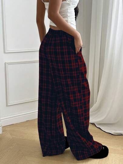 EZwear سروال نساء مريح عرض طويل بفتحة خيطان المطاطية ذو نمط مربعات عادي, للربيع والخريف