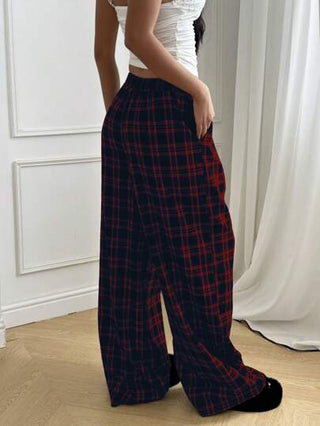 EZwear سروال نساء مريح عرض طويل بفتحة خيطان المطاطية ذو نمط مربعات عادي, للربيع والخريف