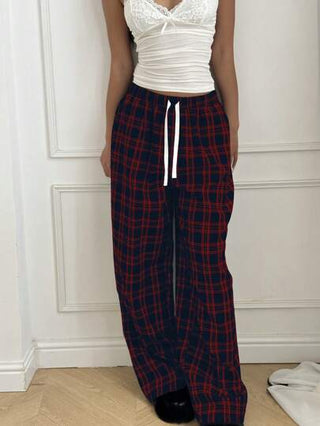 EZwear سروال نساء مريح عرض طويل بفتحة خيطان المطاطية ذو نمط مربعات عادي, للربيع والخريف
