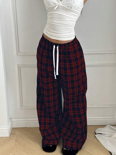 EZwear سروال نساء مريح عرض طويل بفتحة خيطان المطاطية ذو نمط مربعات عادي, للربيع والخريف