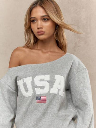 MISSGUIDED سويت شيرت كتف واسع بطباعة الصوف رباعي تموز, الولايات المتحدة الأمريكية