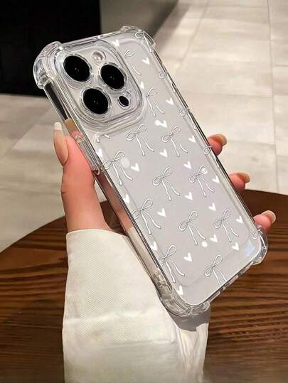 غطاء هاتف شفاف مزين بتصميم الفيونكة والقلب ، مع زوايا مقاومة للصدمات ، متوافق مع iPhone 14/15/16/16 برو ماكس/12 برو/11/Xr/Xs/7/8 بلس - غطاء هاتف من مادة TPU