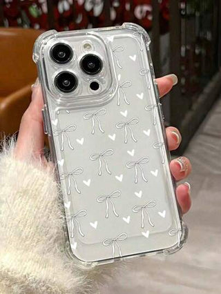 غطاء هاتف شفاف مزين بتصميم الفيونكة والقلب ، مع زوايا مقاومة للصدمات ، متوافق مع iPhone 14/15/16/16 برو ماكس/12 برو/11/Xr/Xs/7/8 بلس - غطاء هاتف من مادة TPU