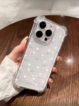 غطاء هاتف شفاف مزين بتصميم الفيونكة والقلب ، مع زوايا مقاومة للصدمات ، متوافق مع iPhone 14/15/16/16 برو ماكس/12 برو/11/Xr/Xs/7/8 بلس - غطاء هاتف من مادة TPU