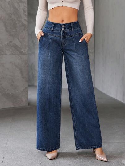 SHEIN Essnce سراويل جينز نسائية فضفاضة ذات أرجل واسعة مع جيوب للاستخدام اليومي