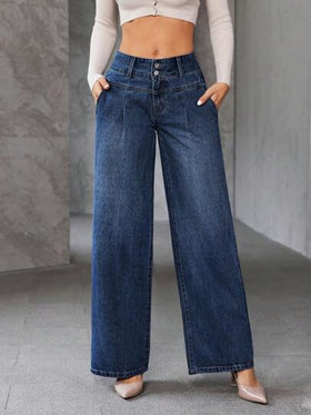 SHEIN Essnce سراويل جينز نسائية فضفاضة ذات أرجل واسعة مع جيوب للاستخدام اليومي