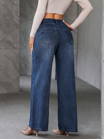 SHEIN Essnce سراويل جينز نسائية فضفاضة ذات أرجل واسعة مع جيوب للاستخدام اليومي