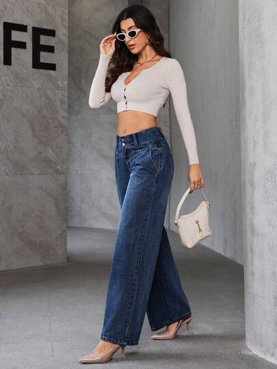 SHEIN Essnce سراويل جينز نسائية فضفاضة ذات أرجل واسعة مع جيوب للاستخدام اليومي