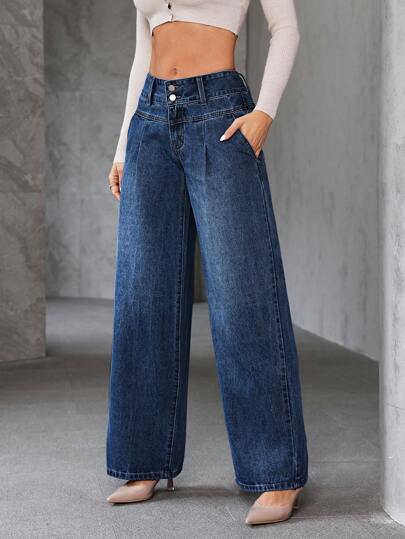 SHEIN Essnce سراويل جينز نسائية فضفاضة ذات أرجل واسعة مع جيوب للاستخدام اليومي