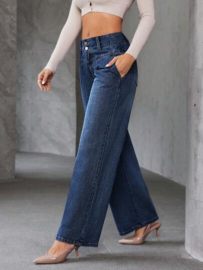 SHEIN Essnce سراويل جينز نسائية فضفاضة ذات أرجل واسعة مع جيوب للاستخدام اليومي