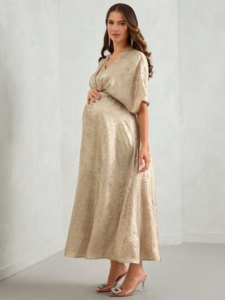 MaterniWear ثوب نسائي أنيق طويل الأكمام سائل ثوب خاكي مناسب للحمل والحفلات