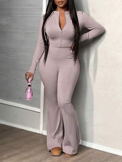 Slaydiva مجموعتان من البدلة الرياضية الأساسية البسيطة للنساء - جاكيت رفيع مزود بسحاب وقبعة وبنطال عريض مرتفع الخصر