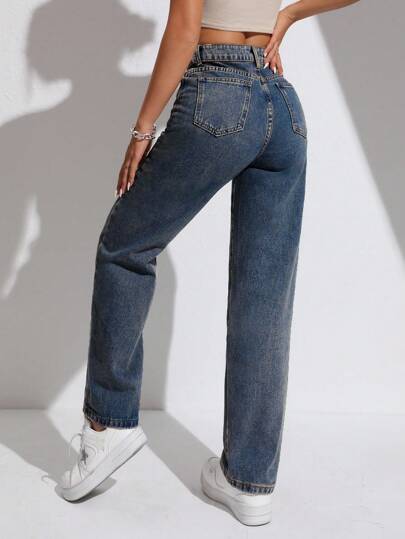 SHEIN PETITE سراويل جينز واسعة للنساء بخصر مستقيم وجيوب