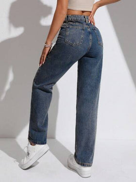 SHEIN PETITE سراويل جينز واسعة للنساء بخصر مستقيم وجيوب