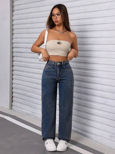 SHEIN PETITE سراويل جينز واسعة للنساء بخصر مستقيم وجيوب